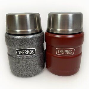 (2) Thermos Stainless King Mugs 16oz w/Spoon Rustic Red/Hammered Grey Insulated